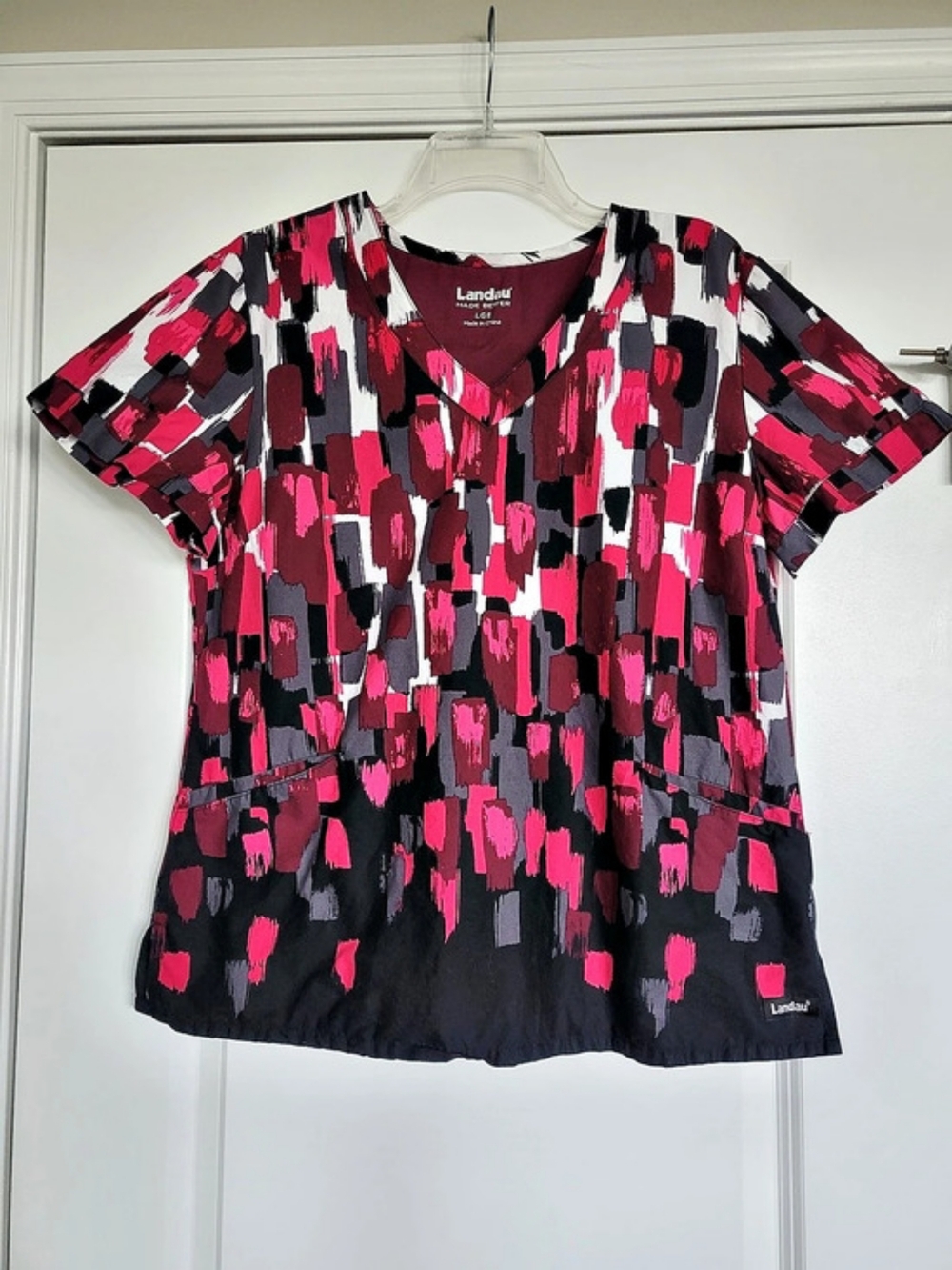 Landau Women's Abstract Print Scrub Top in Black & Pink, Size Large